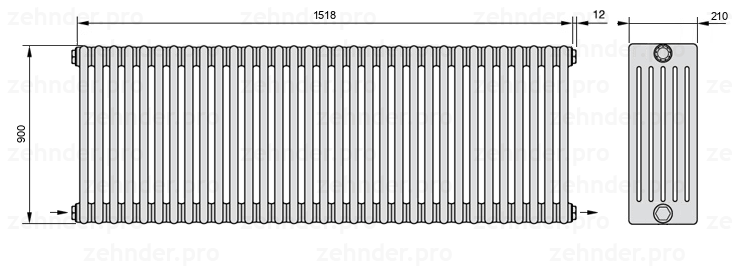 Схема (чертеж) Радиатор Zehnder Charleston 6090/33 №2670 Белый глянцевый RAL 9016